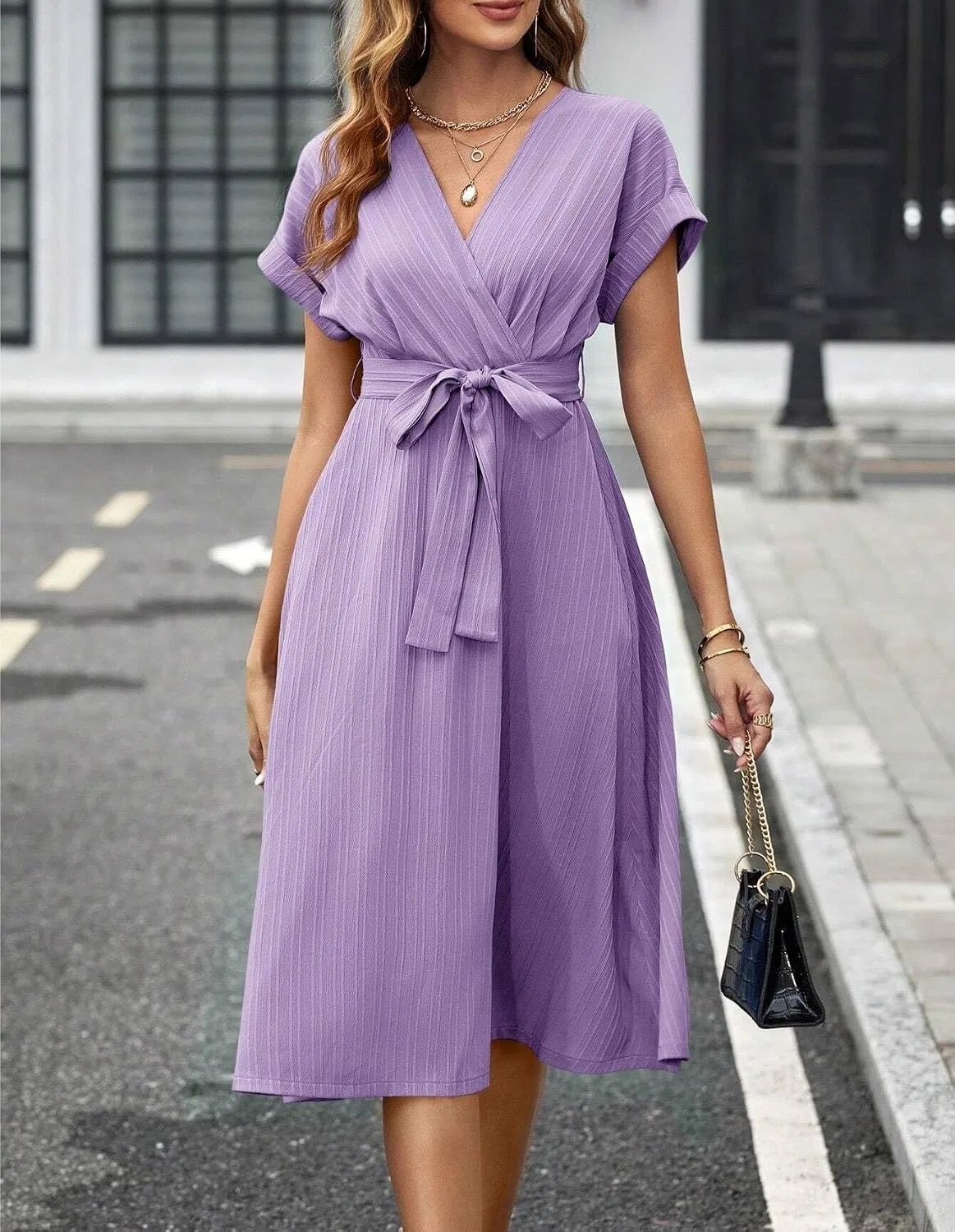 Женское повседневное платье миди с поясом и рукавами-кимоно, Mauve Purple — фото 4