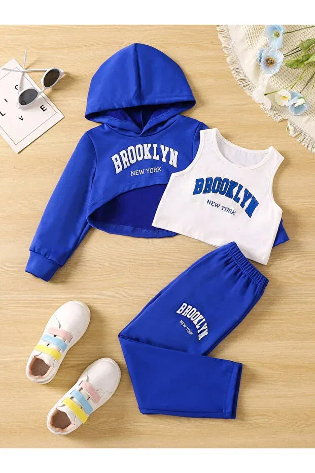 Детский комплект спортивного костюма с капюшоном и принтом Brooklyn White Strappy Crop Machetta, Saks Blue