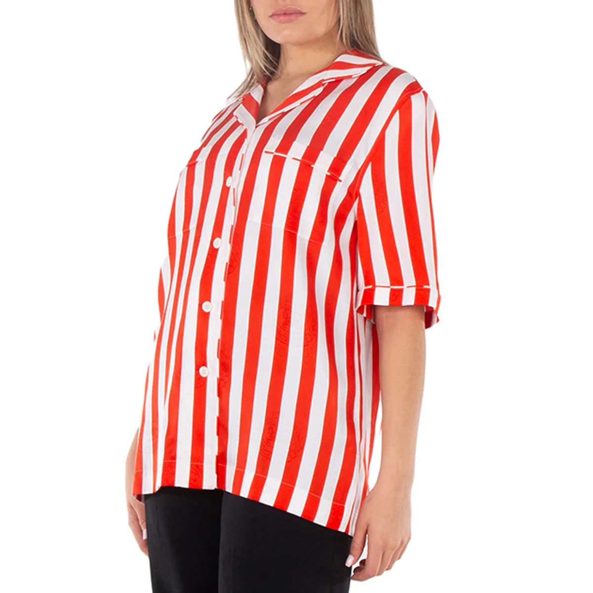 Блузка из шелка с полосатым принтом Tabi Striped Silk Pyjama Shirt Burberry, Bright Chili Red Ip — фото 2