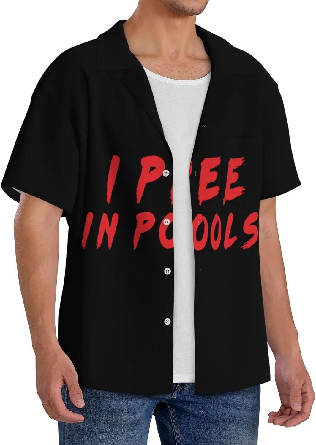 Мужская свободная рубашка с кубинским воротником I Pee In Pools, Black — фото 2
