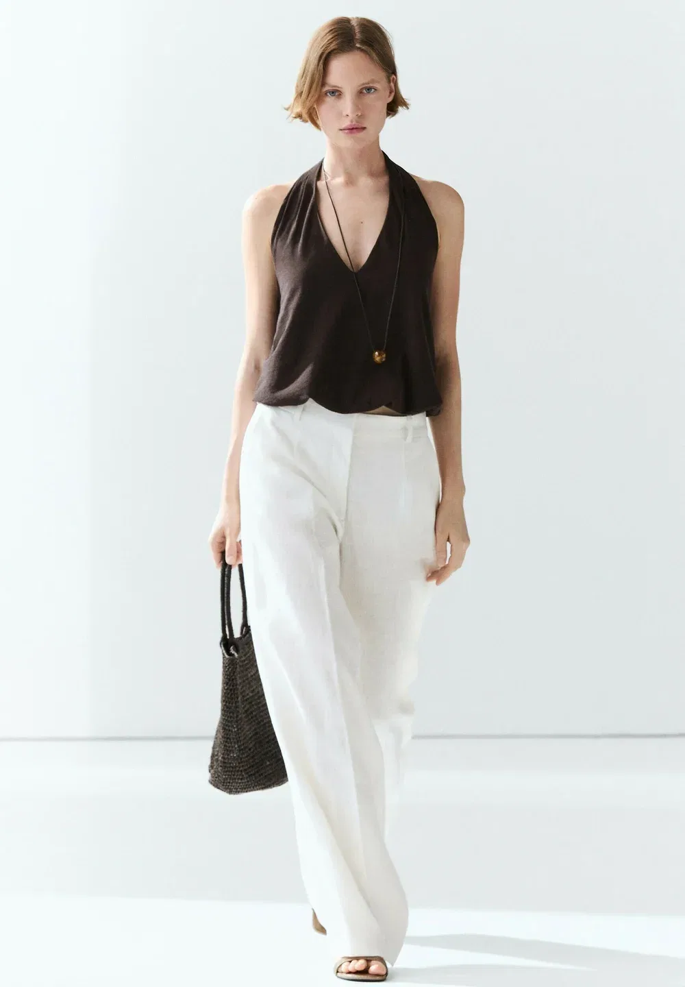 Брюки из 100% льна с вытачками Massimo Dutti, White — фото 2