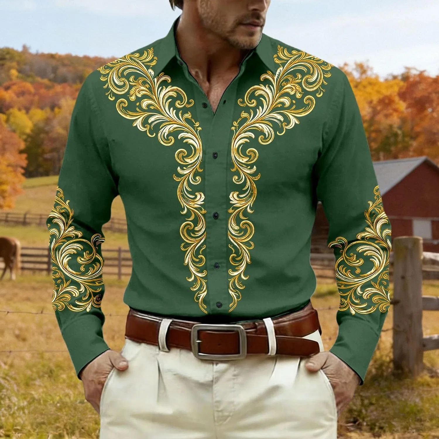 Мужская рубашка с принтом, Western Shirts Country Cowboy Vintage Rockabilly, зелёный — фото 2