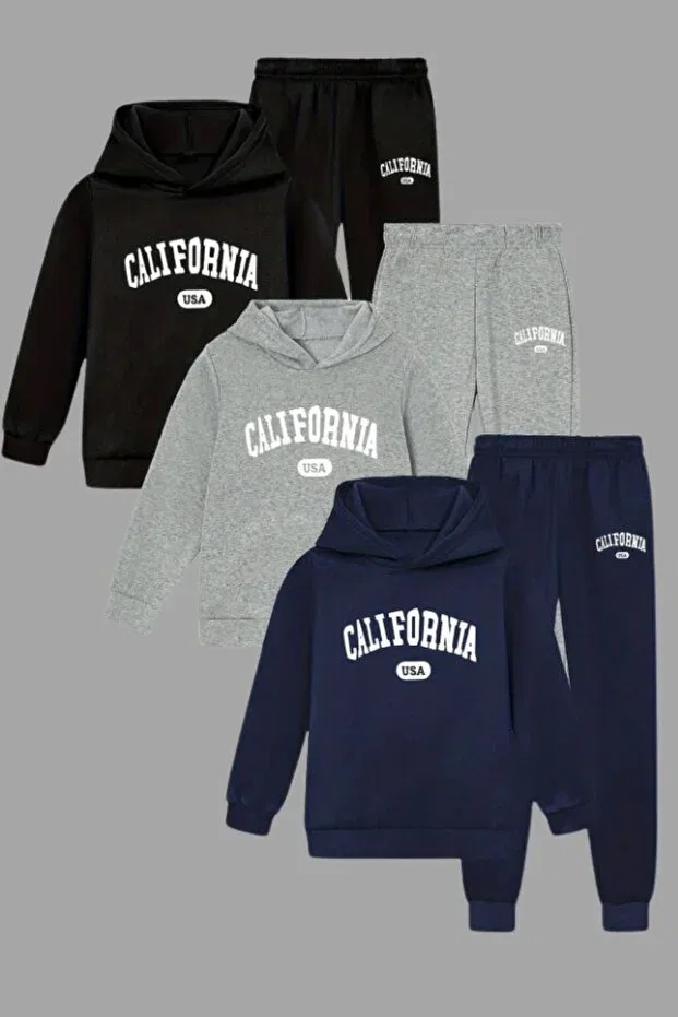 Детский комплект свитшот-брюки для девочек с принтом 3-Piece Seasonal California Printed Hooded Kangaroo Pocket Unisex Set Han Elegant, Black Gray Navy Blue