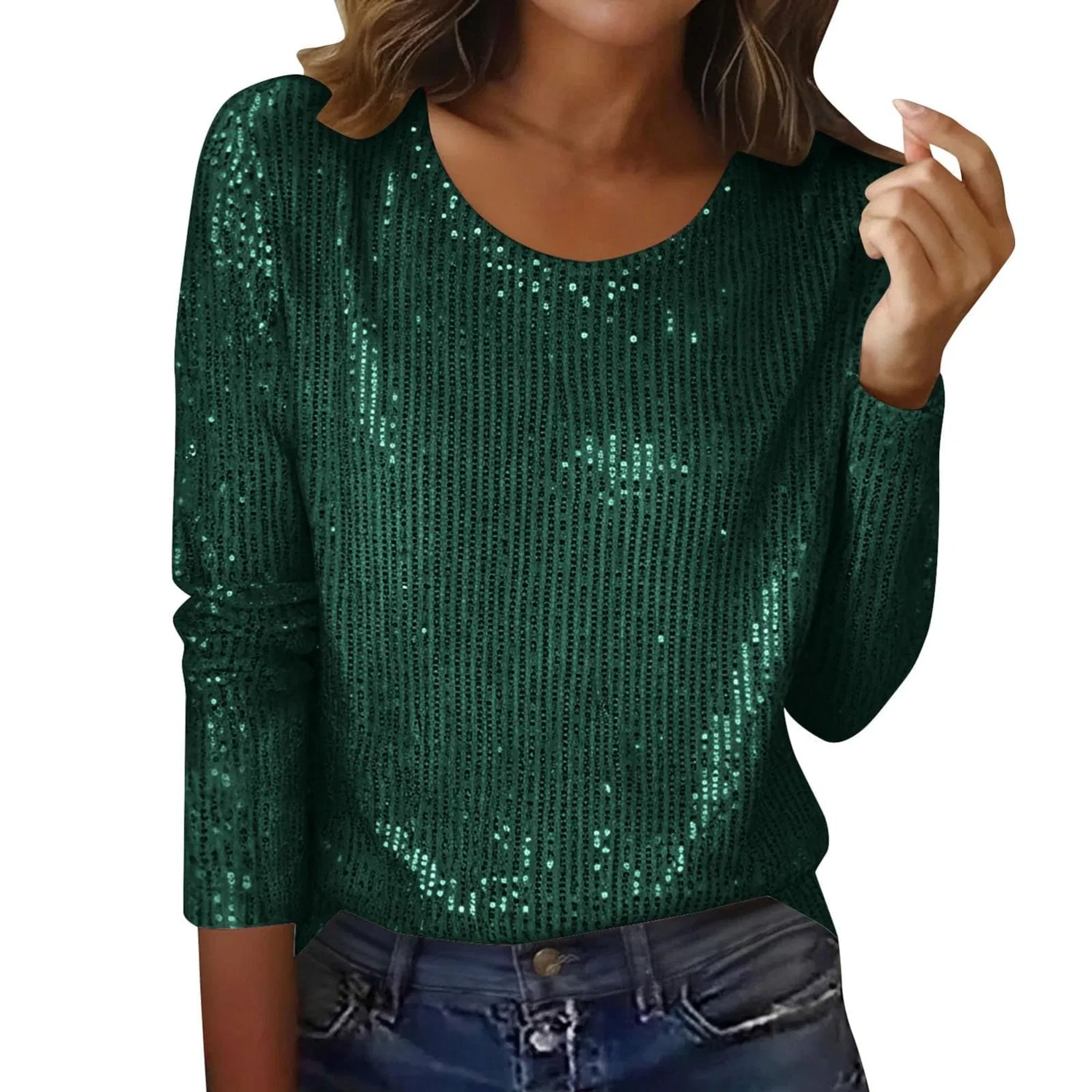 Женская блестящая блузка с длинным рукавом Sequin Tops, 30b-green