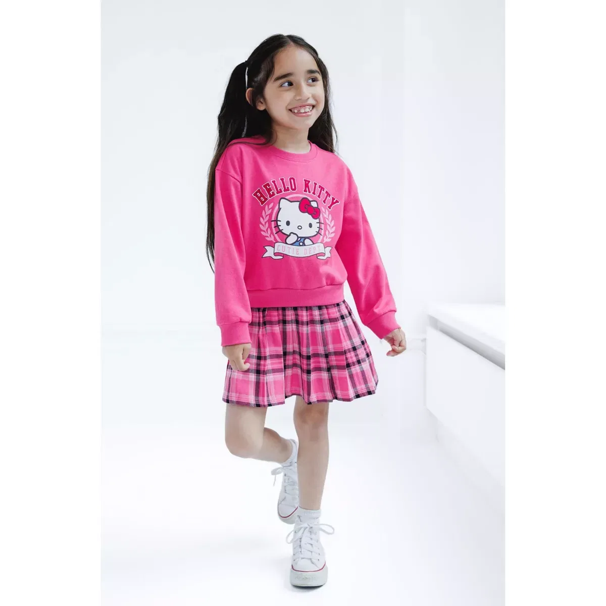 Детское платье для девочек с принтом Hello Kitty Flannel Oversized Fleece Plaid Dress Hello Kitty, Magenta — фото 2