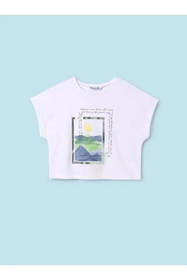 Детская хлопковое футболка для девочек с принтом Girl'S summer printed t-shirt 6013 Mayoral, White