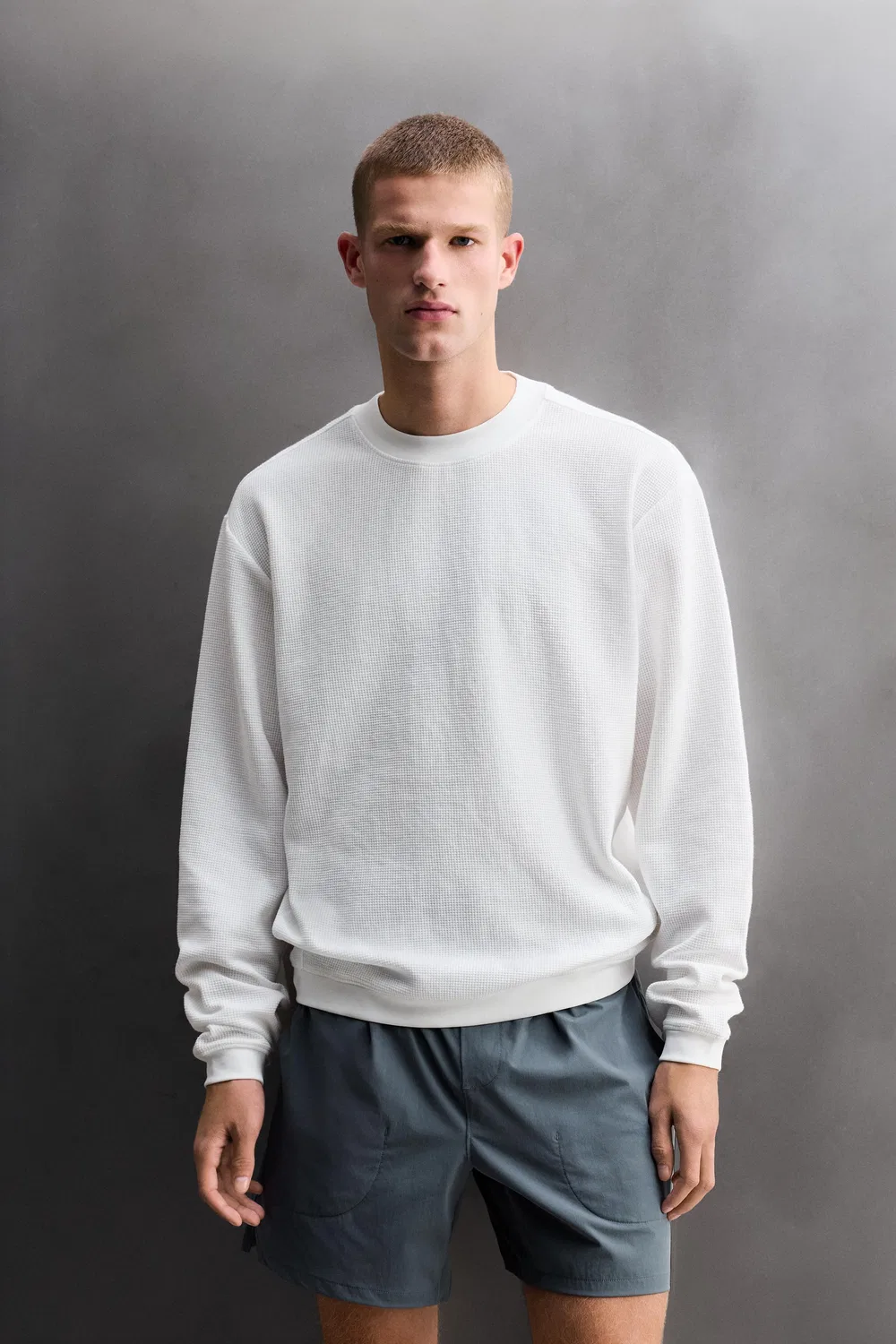 ТРЕНИРОВОЧНАЯ толстовка с круглым вырезом из вафельной вязки ZARA, White — фото 2