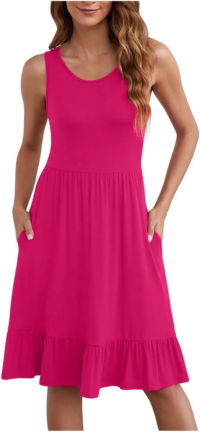 Женское летнее платье без рукавов с рюшами, Hot Pink