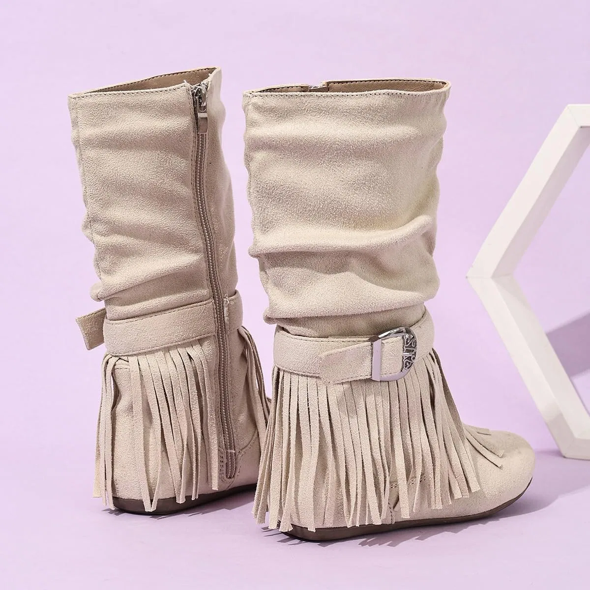 Детские сапоги для девочек с принтом и боковой молнией Retro Tassel Cowboy Auhoho, Beige — фото 4