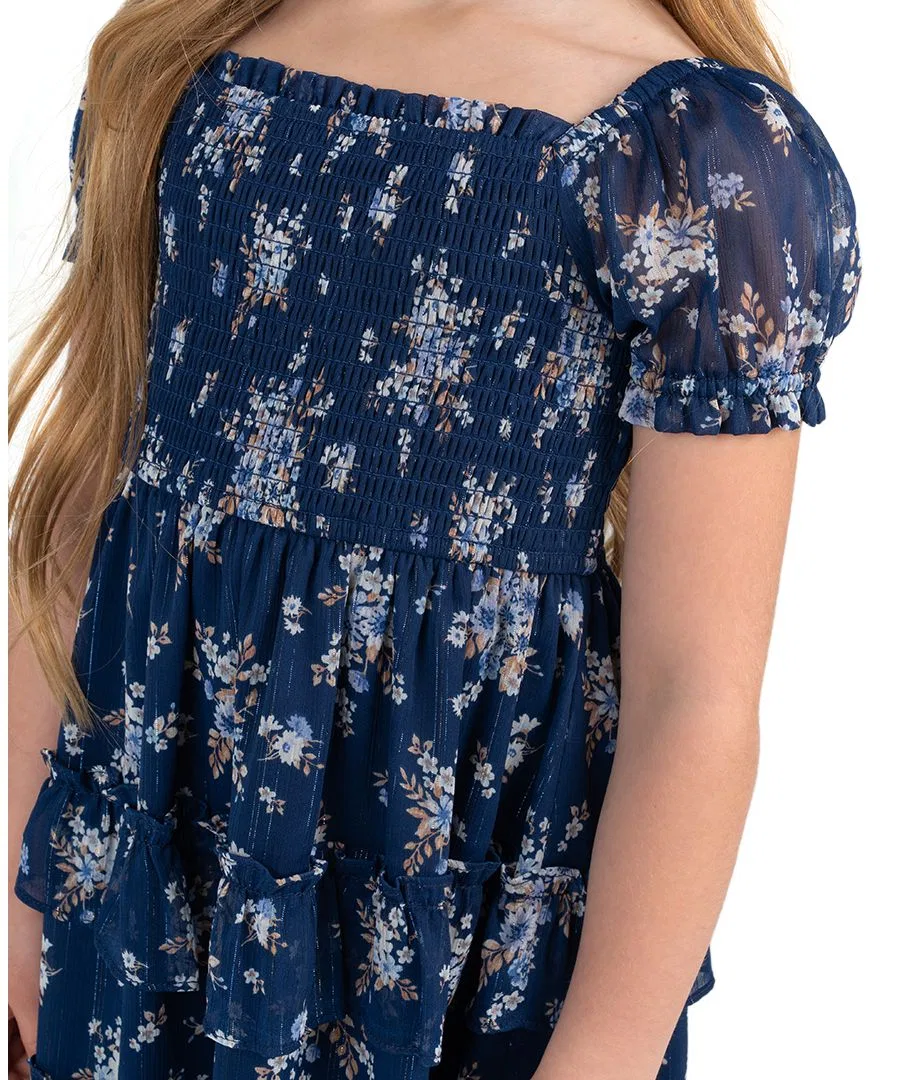 Платье миди с принтом, с пышными рукавами, модель Printed Lurex Chiffon Puff Sleeve Tiered Midi Rare Editions, Navy — фото 2