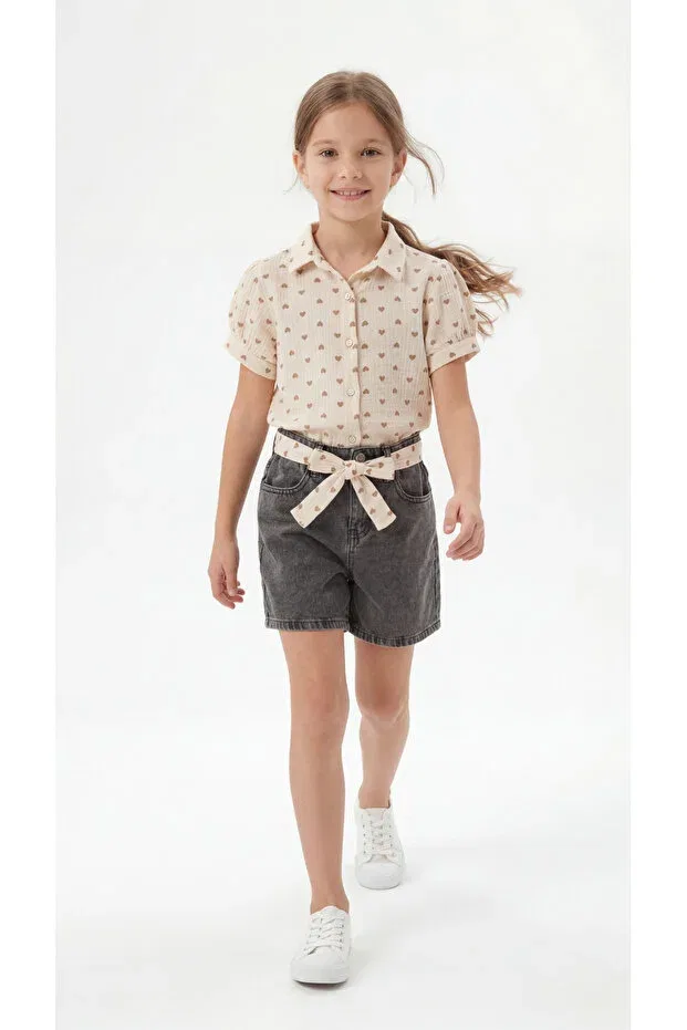 Детский комплект для девочек с принтом All Over Heart Printed Bowknot Mışıl Kids, Beige — фото 3