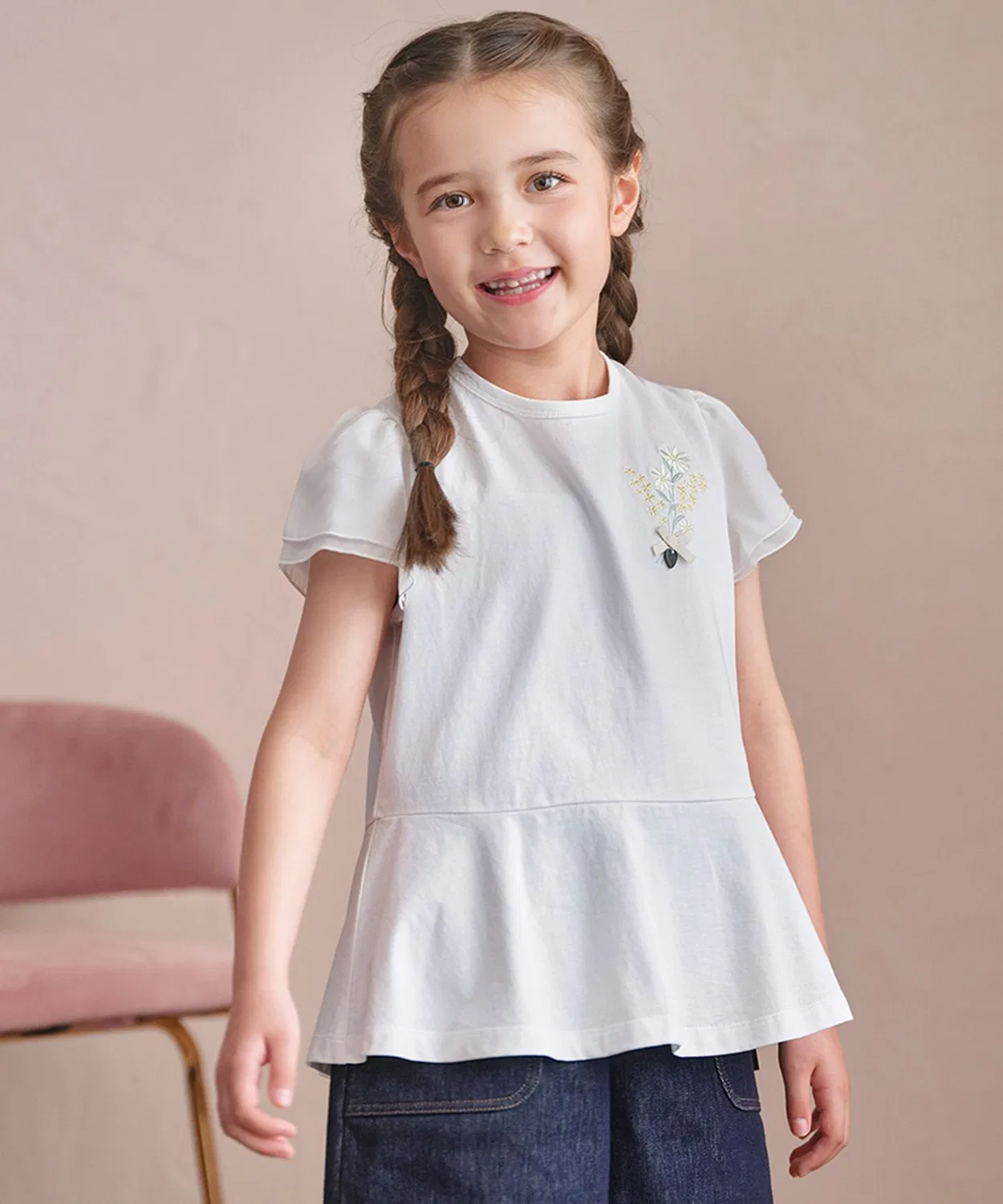 Детская футболка с цветочной брошью Kumikyoku KIDS, Ivory