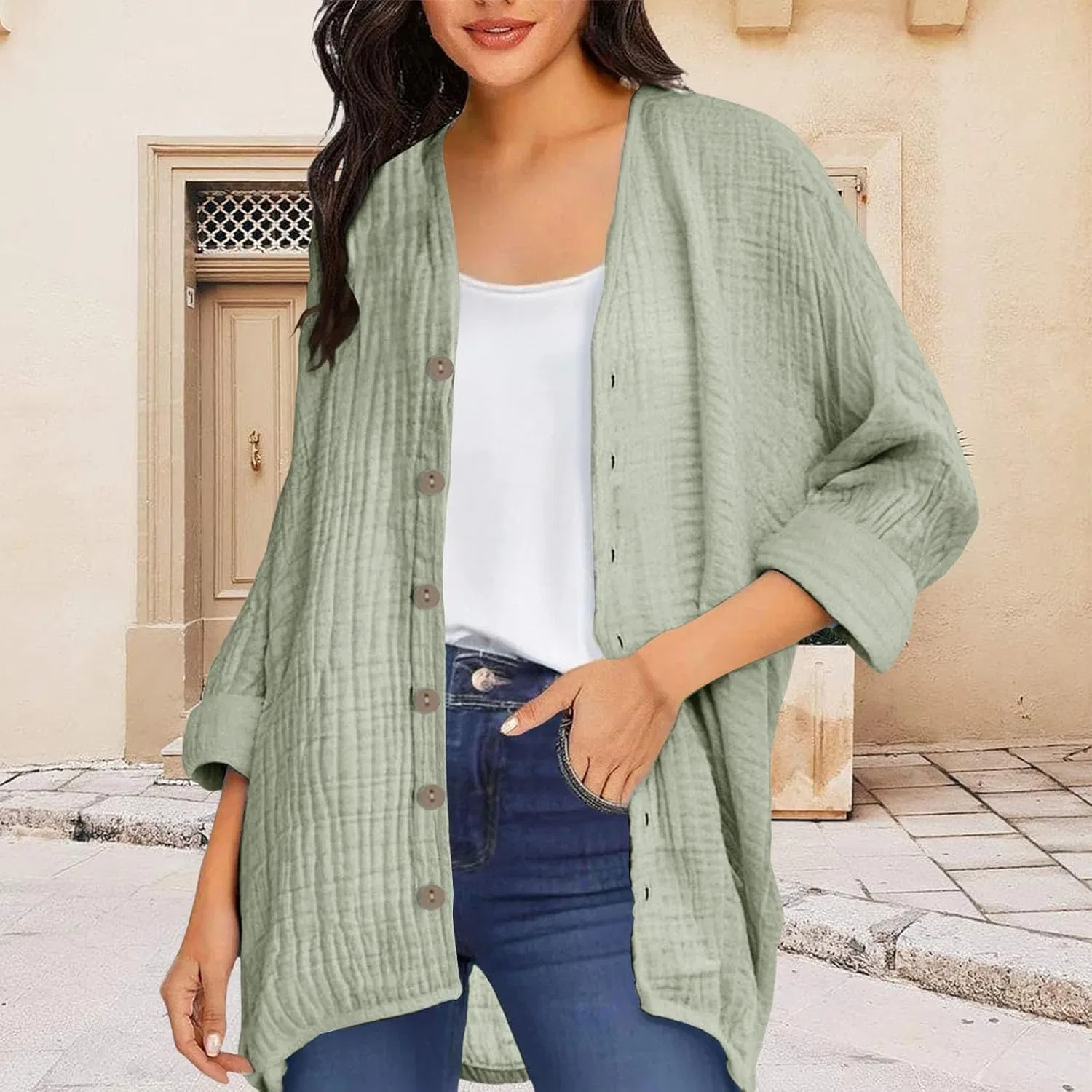 Женская свободная рубашка из муслина с длинным рукавом, Mint Green — фото 3