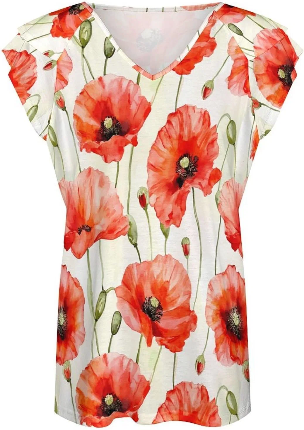 Женская футболка с V-образным вырезом и принтом Red Poppy Flowers Watercolor — фото 4