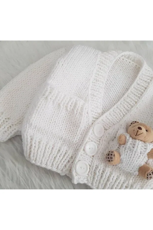 Детский кардиган с длинным рукавом Hand knitted unisex baby kids cardigan with teddy bear El Örgüsü, White — фото 3