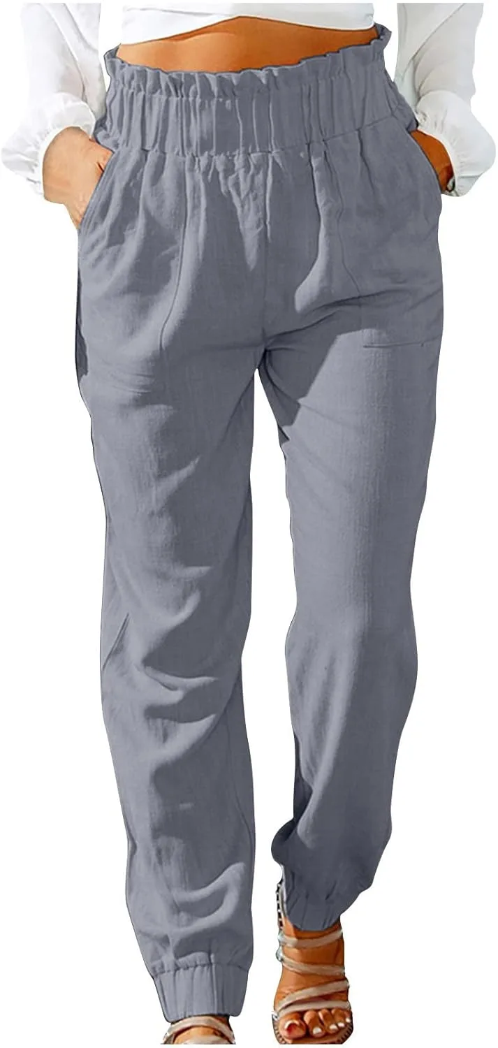 Женские брюки из хлопка и льна, повседневные, свободные, с эластичным поясом, прямого кроя, палаццо, деловые рабочие брюки с карманами Generic, серый