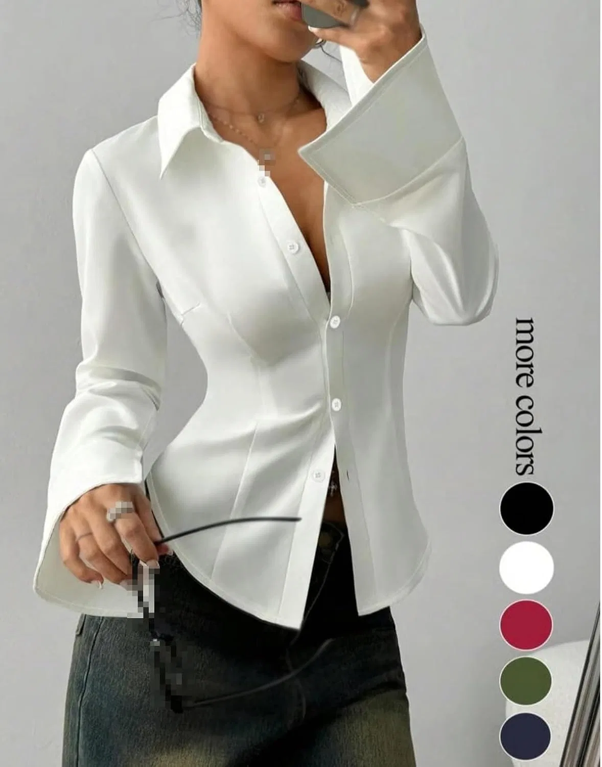 Женская рубашка на пуговицах с длинным рукавом, Slim Fit, чёрный — фото 4