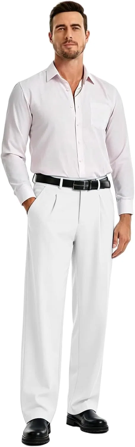 Мужские брюки-клеш с высокой посадкой, модель Wide Leg Dress Pants, белые — фото 4