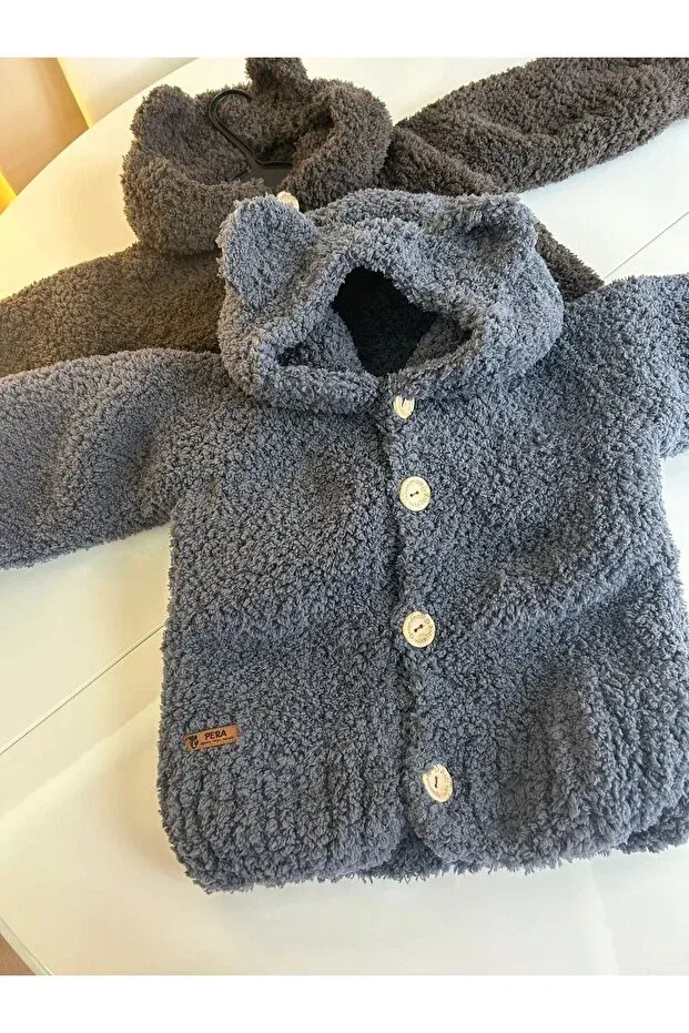 Детский кардиган оверсайз с капюшоном Hand Knitted Bear Coat Pera, Gri