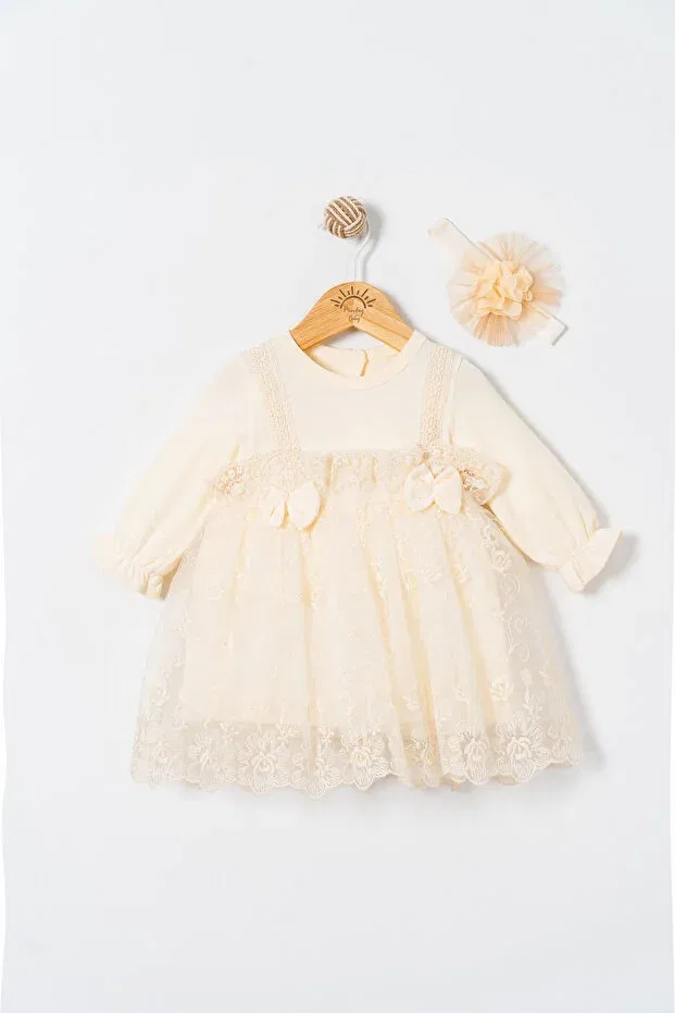 Детское платье для девочек с длинным рукавом mevlit dress with bandana and lace Miniday Baby, Beige — фото 3