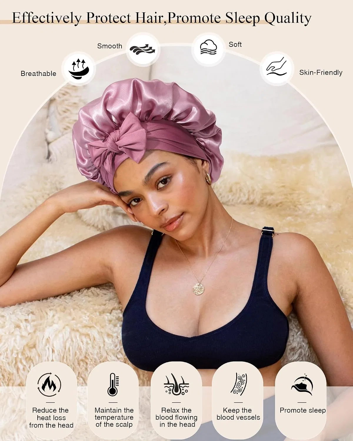 Шапочка для душа Satin Hair Cap, CHLINS, 2 шт, 35 см, Bean paste + Pink — фото 4