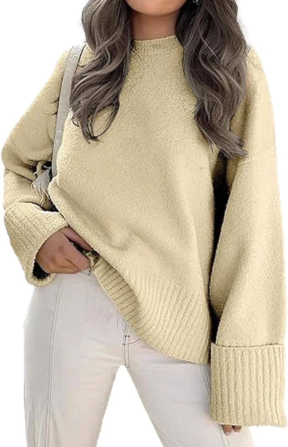 Женский пуловер оверсайз с ворсом, Fuzzy Chunky Warm Pullover, абрикосовый — фото 2