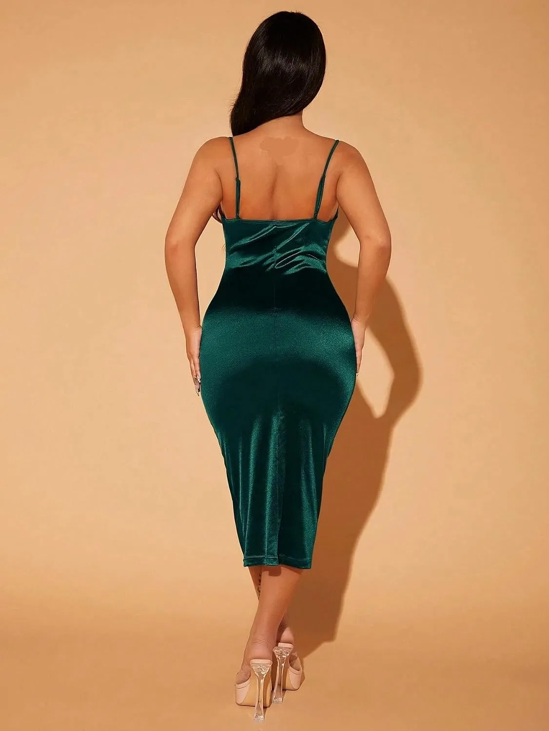 Женское сатиновое платье-миди с открытой спиной Cami, Dark Green — фото 2