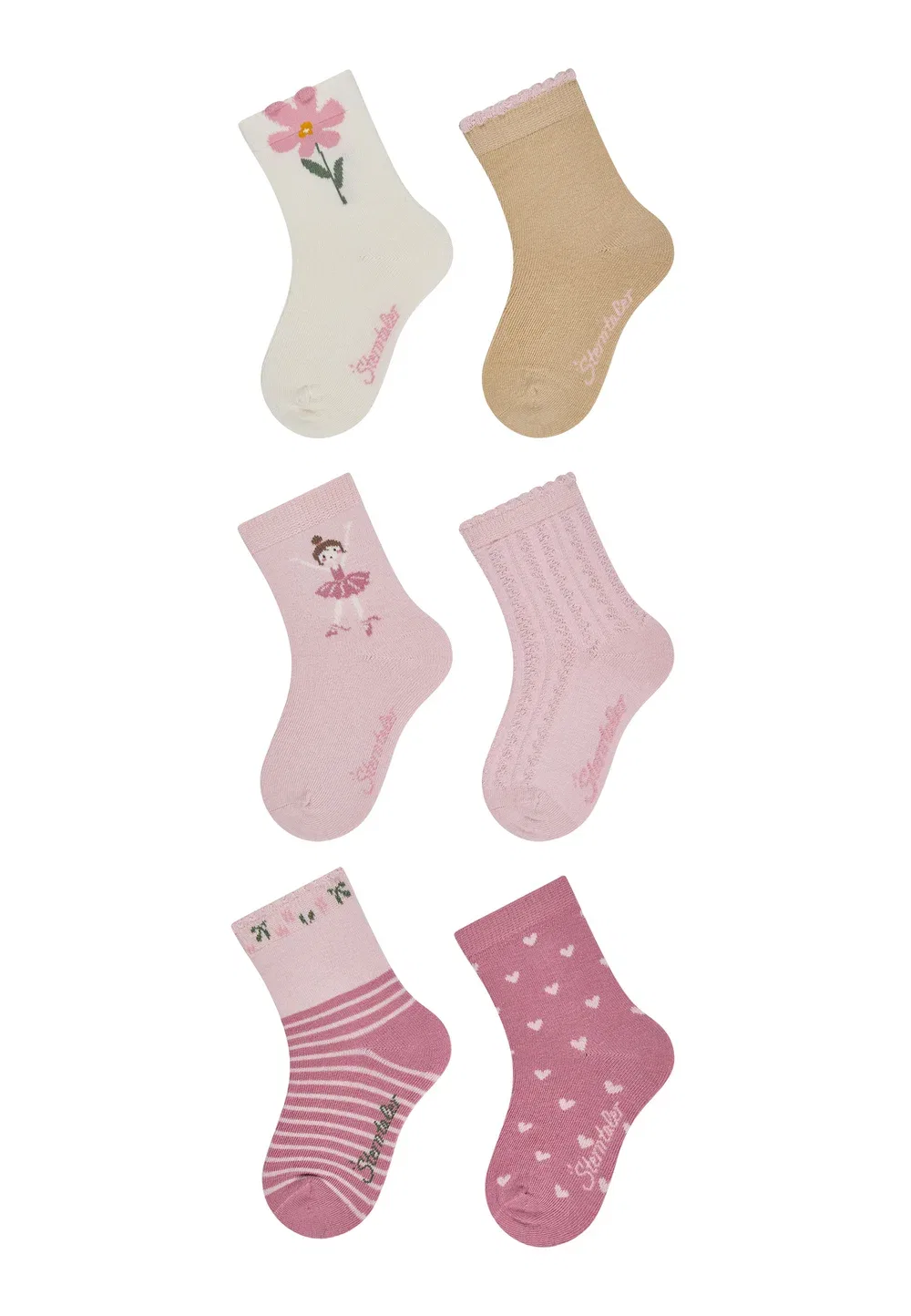 Socken 6er Pack Blume, uni, Ballerina, Struktur, Herzen und Ringel - носки Sterntaler, Ecru — фото 2
