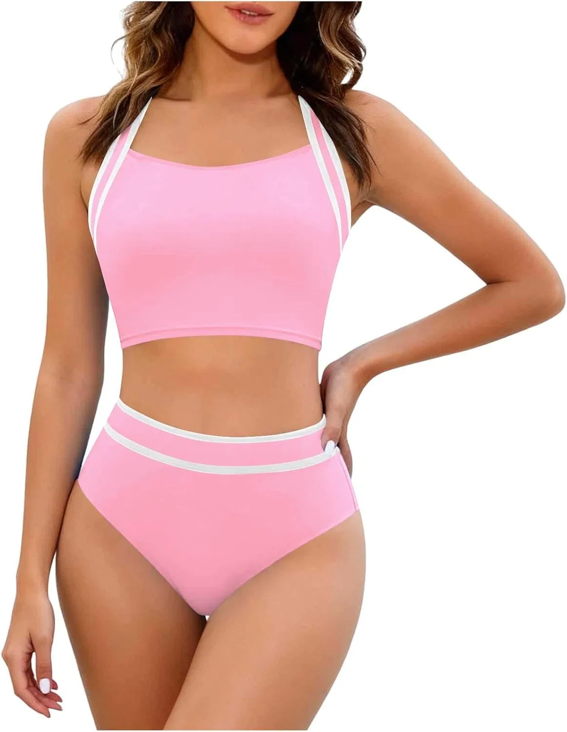 Женский танкини с высокой талией Y2K Colorblock, Pink