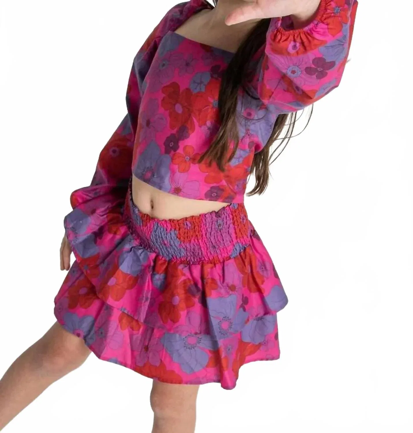 Детская блузка для девочек с коротким рукавом-фонариком Jordyn Top THEME, Pink 70s Floral — фото 3