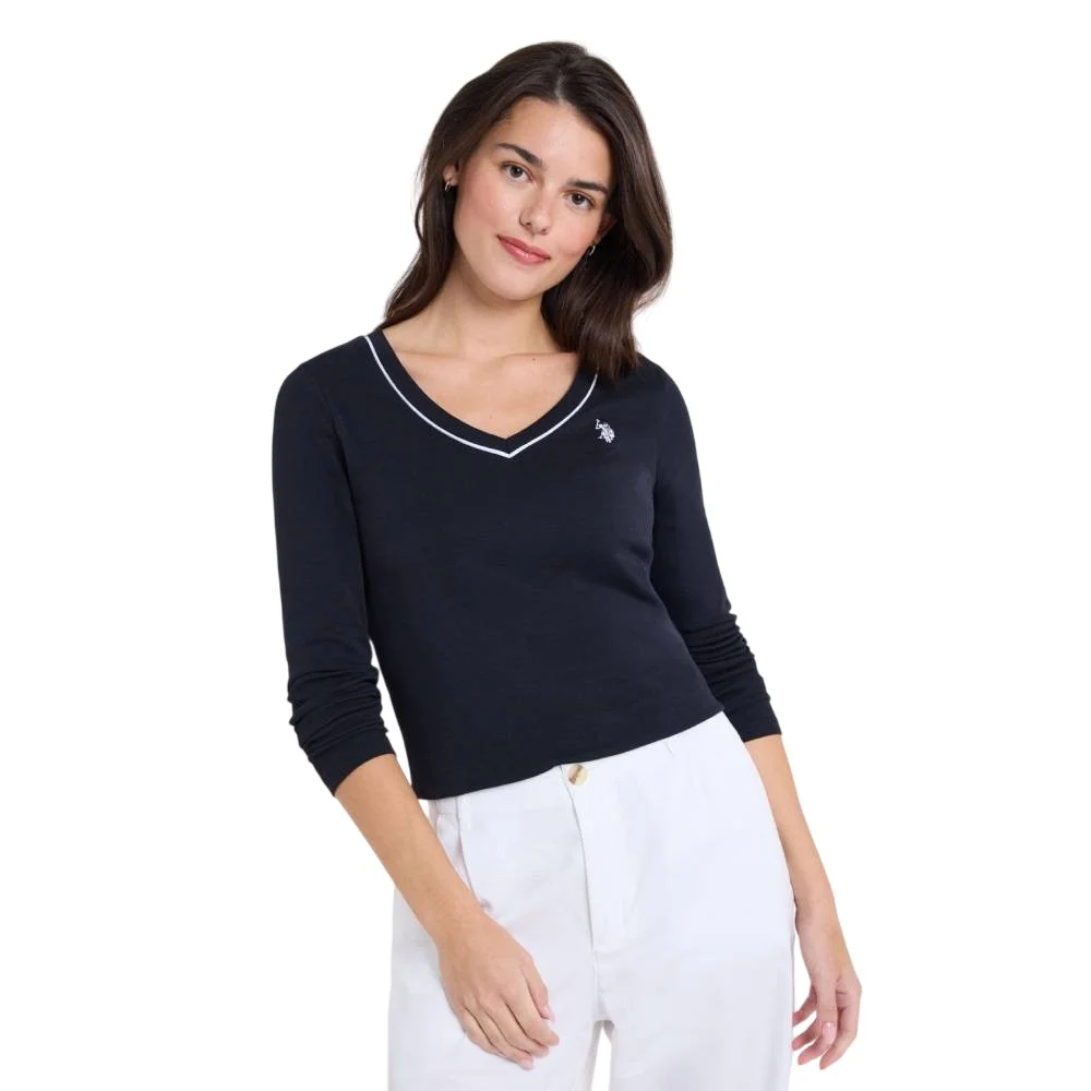 Женский лонгслив U.S. Polo Assn. Rib Pipe V-Neck T-Shirt, черный