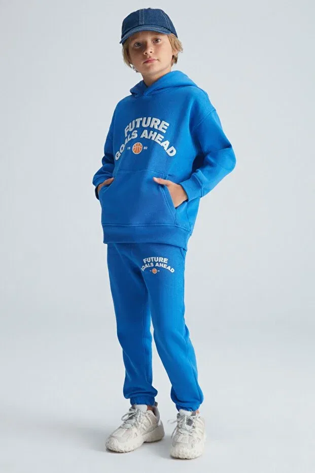 Детский спортивный костюм для мальчиков с принтом Dillion boy's 3-thread raised front printed hooded elastic leg blue tracksuit set Grimelange, Blue — фото 2