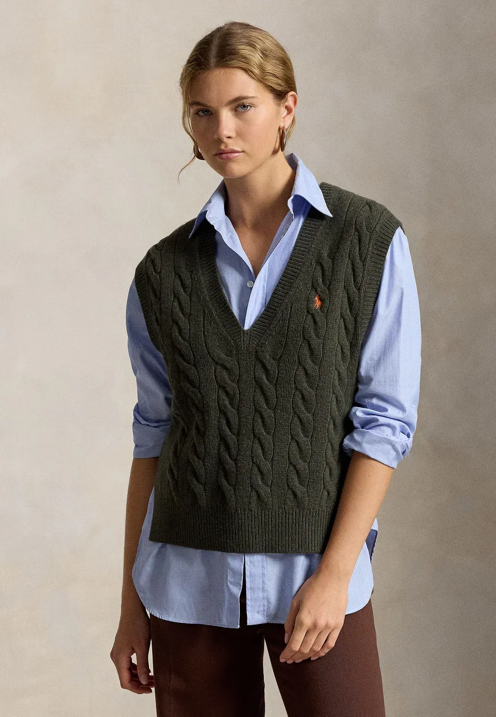 Свитер-Жилет крупной вязки из шерсти и кашемира Polo Ralph Lauren, Olive Umber Heather