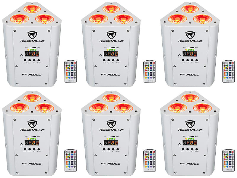

Комплект 6 Rockville RF WEDGE WHITE RGBWA + UV Battery Wireless DMX DJ Up Lights + RF Remotes RF WEDGE WHITE