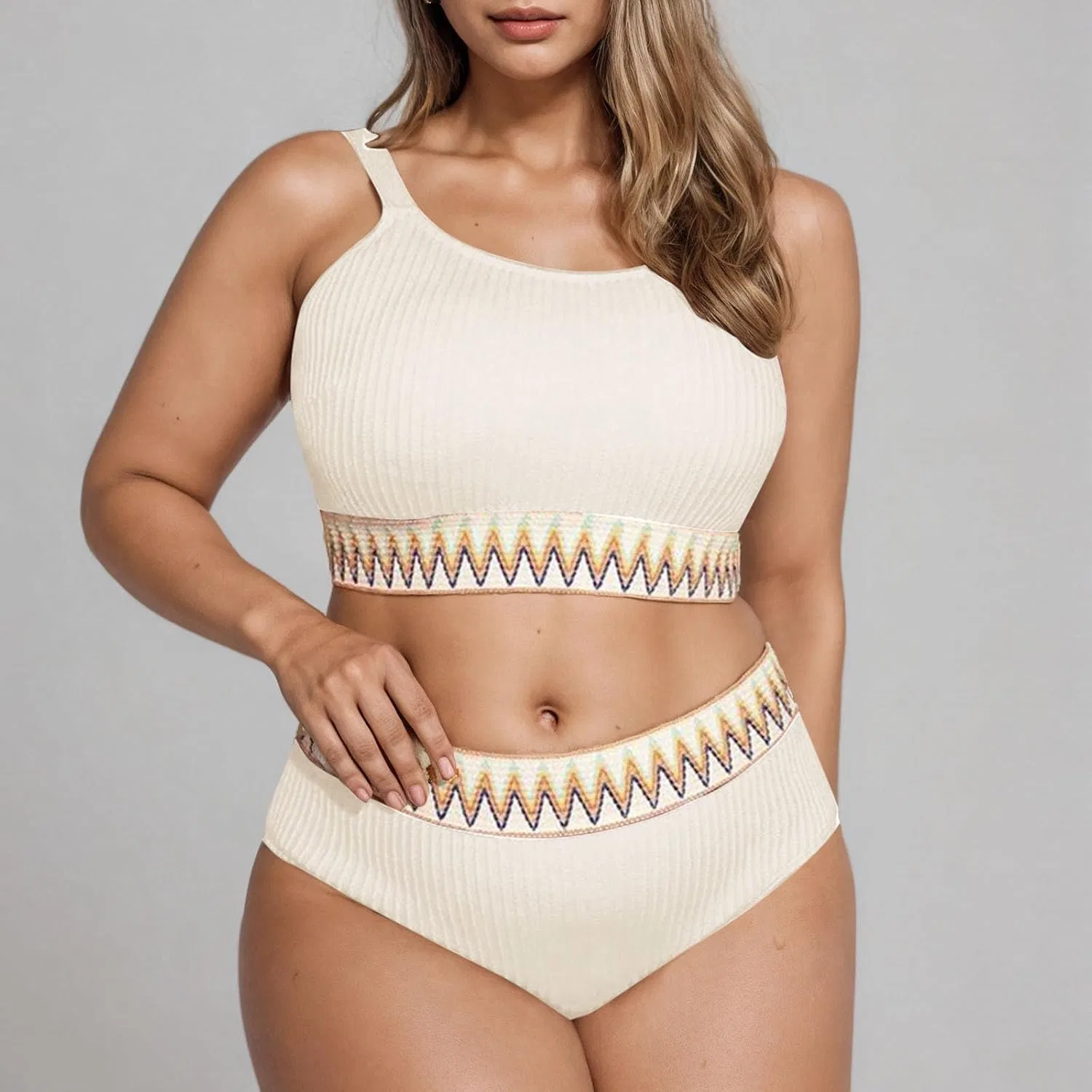 Женский бикини-комплект высокой посадки с утяжкой живота Plus Size, White — фото 2