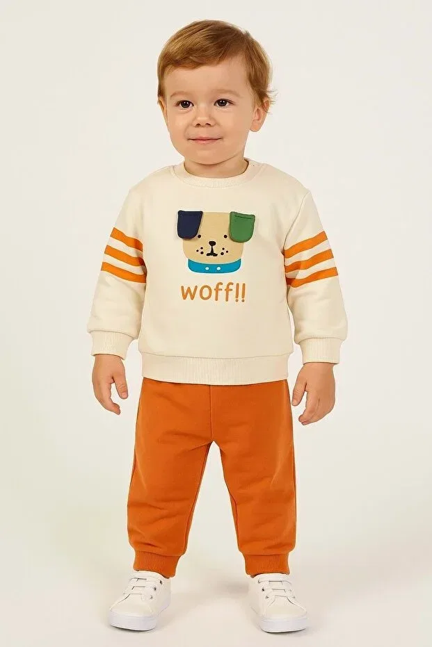 Детский комплект спортивного костюма для мальчиков с принтом Dog Printed Ear Detailed Ww Waka Waka Kids Store, Nude Color