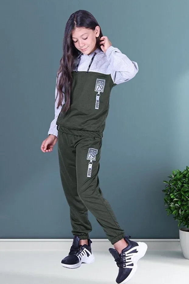 Детский комплект спортивного костюма для девочек с принтом Snow Fashion Fyk Collection, Haki Green