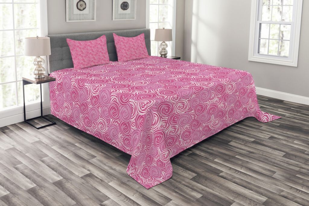 

ABAKUHAUS Комплект покрывала Rose, Абстрактные круглые цветы, комплект с моющимися наволочками, для односпальных кроватей 264 x 220 см, бледно-розовый пурпурный