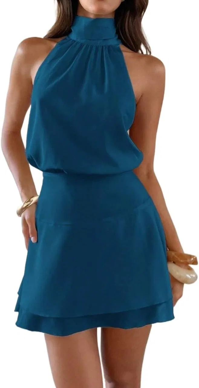 Женское мини-платье A-силуэта с запахом Halter Neck, Teal Blue