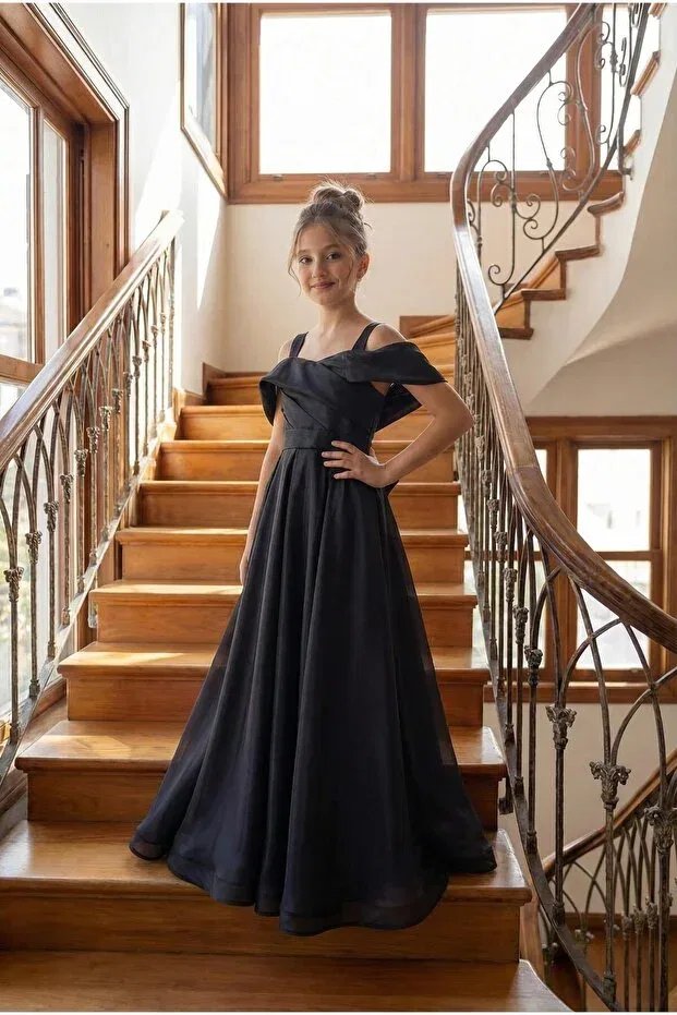 Детское платье для девочек с открытыми плечами шифоновое Butikhappykids, Black