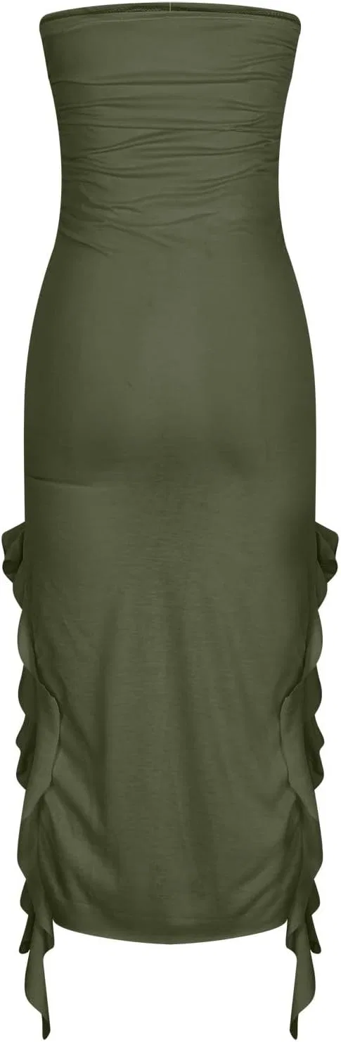 Женское облегающее платье с рюшами и разрезом, Army Green — фото 4