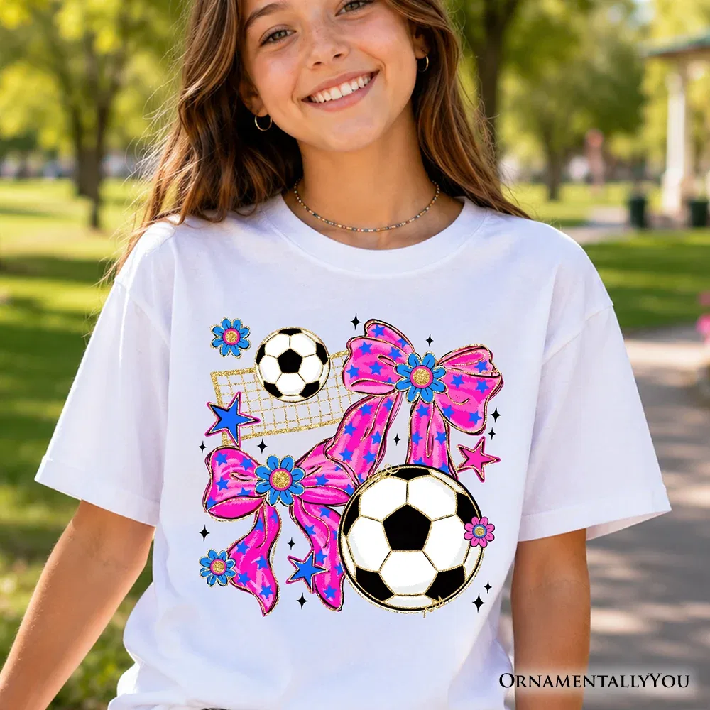 Детская футболка для девочек с принтом футбольного банта Girls Soccer Bow Youth T-Shirt OrnamentallyYou, White — фото 4