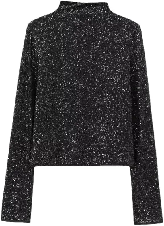 

Женская повседневная футболка с высоким воротником и длинными рукавами с пайетками