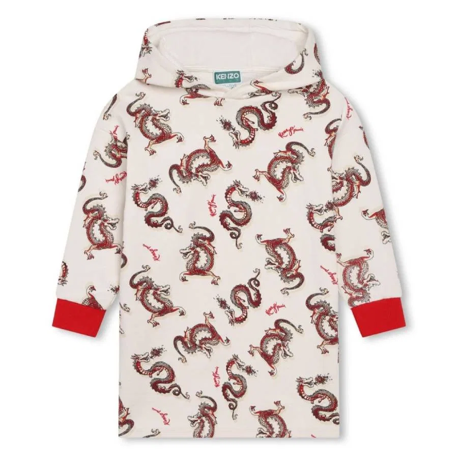 Платье с капюшоном и принтом дракона Girls Dragon Print Hooded Dress Kenzo, White
