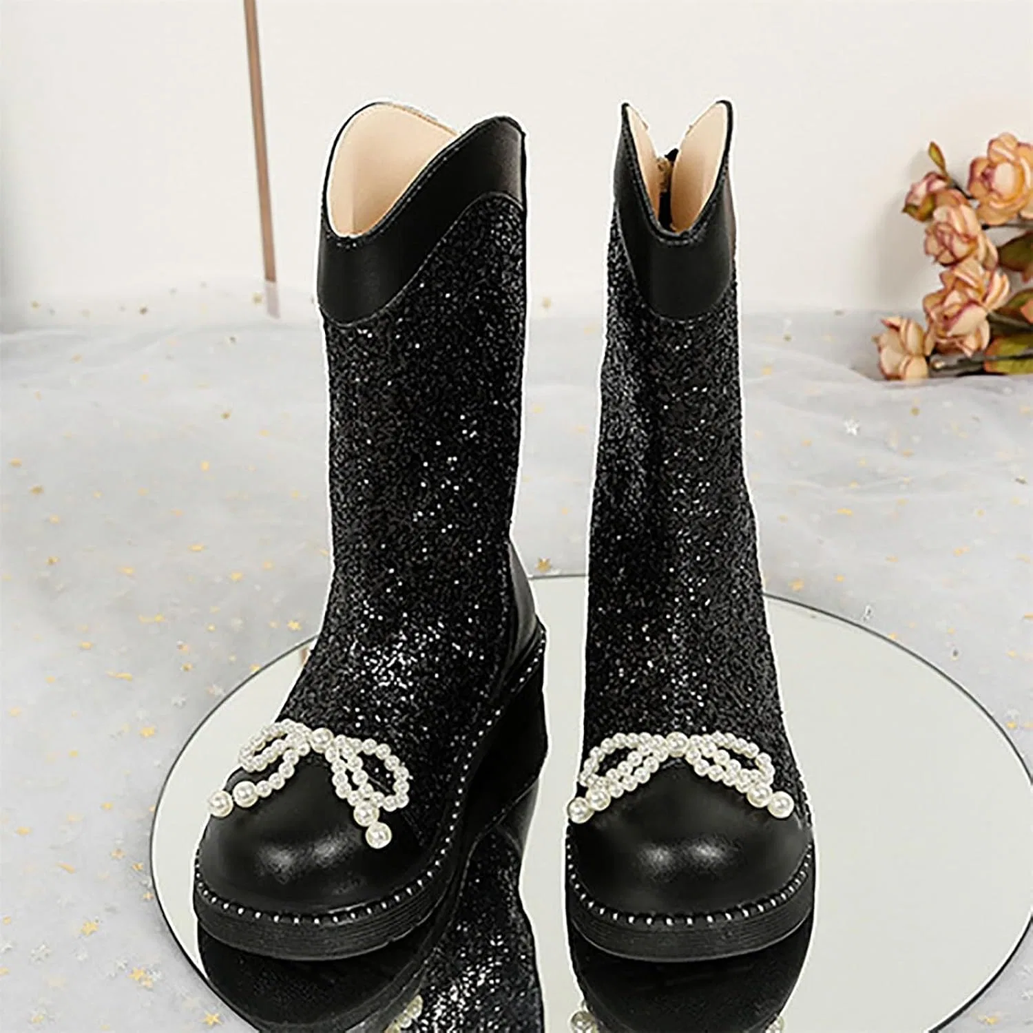 Детские сапоги для девочек с блестками и бантом Pearl Bowknot, Black — фото 2