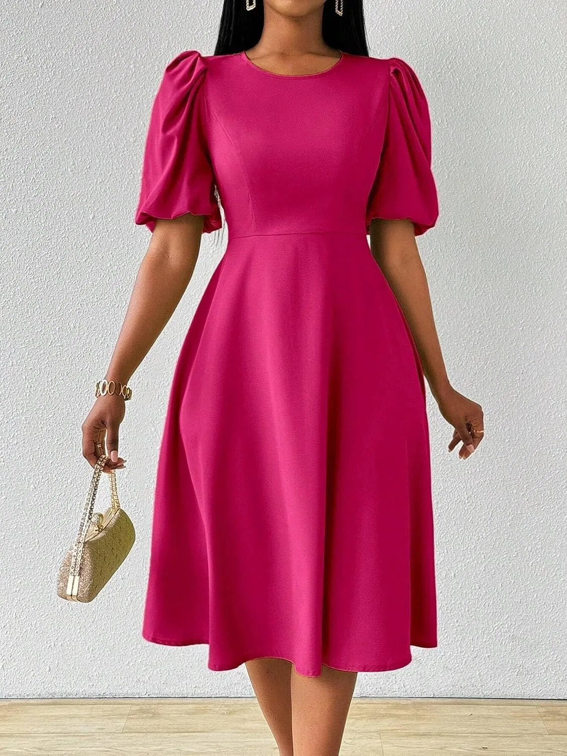 Женское повседневное платье миди A-силуэта с коротким рукавом, Hot Pink — фото 4
