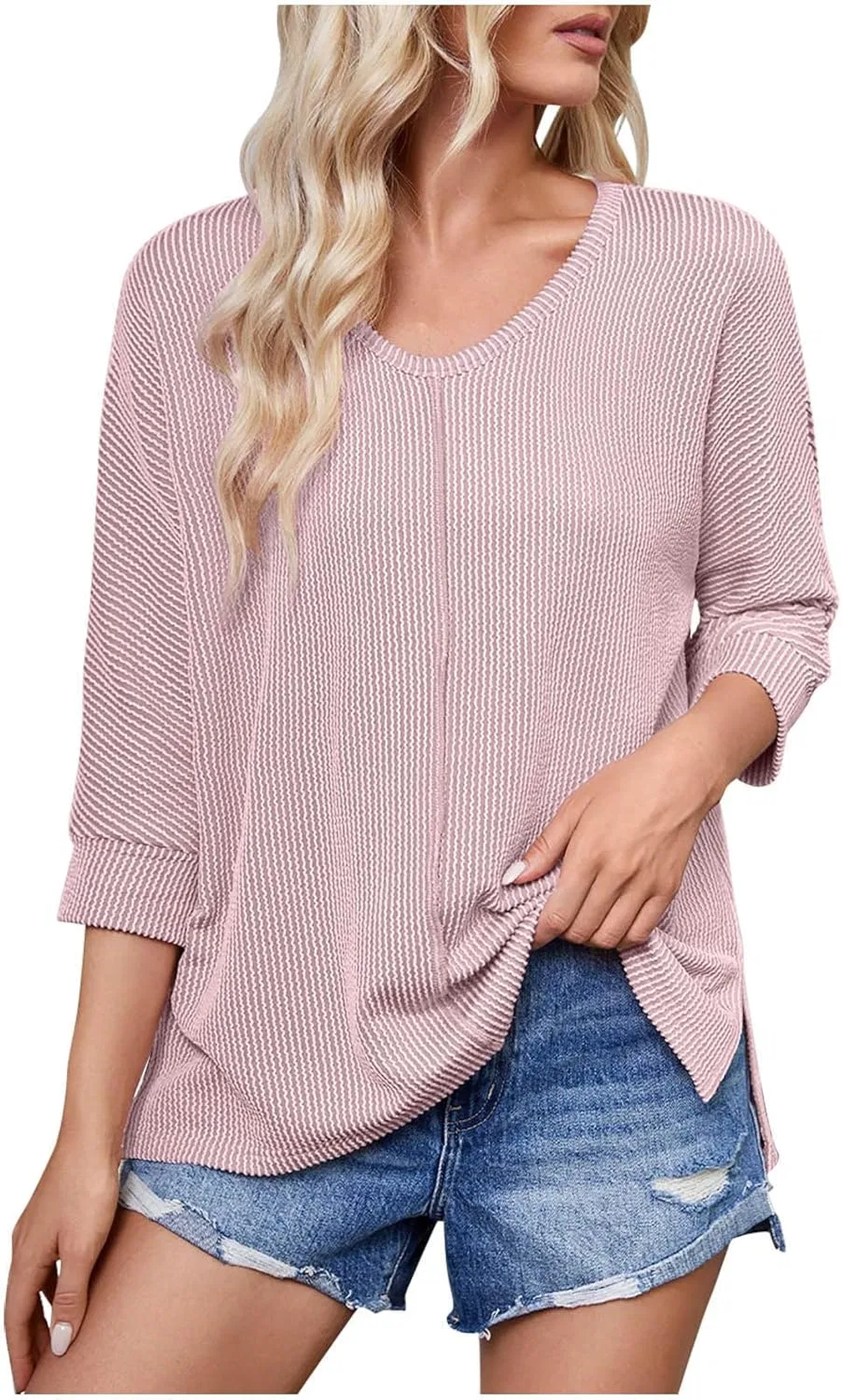 Женская туника с длинным рукавом 3/4, Solid Color, A01 Pink