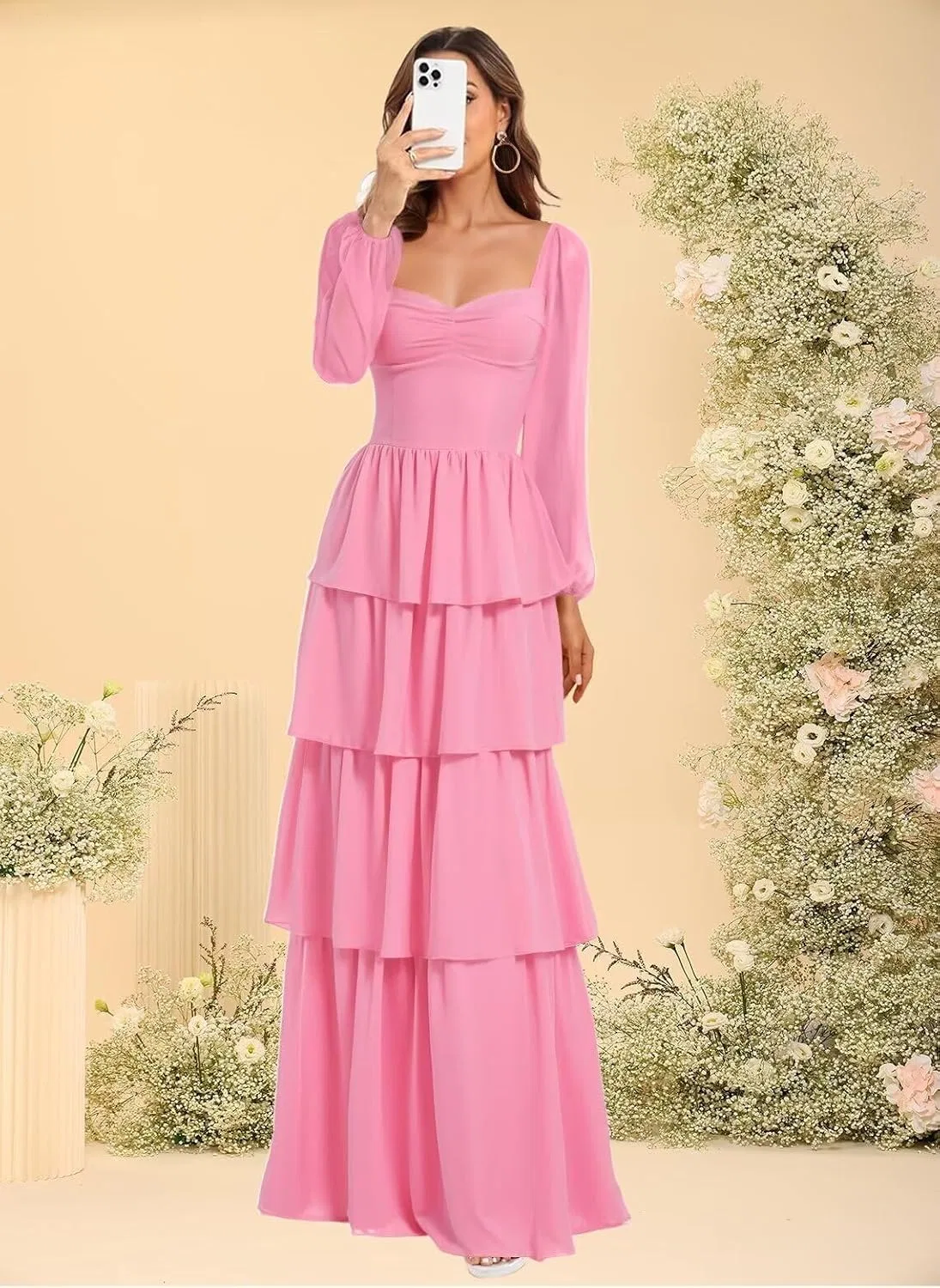 Женское длинное платье с воланами из шифона, Hot Pink — фото 3