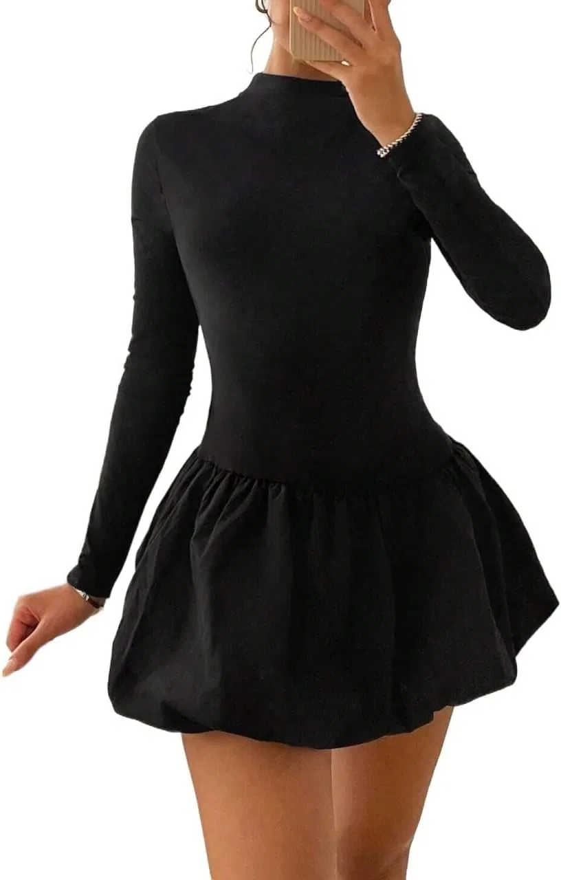 Женское повседневное платье с высокой горловиной A-line, Black