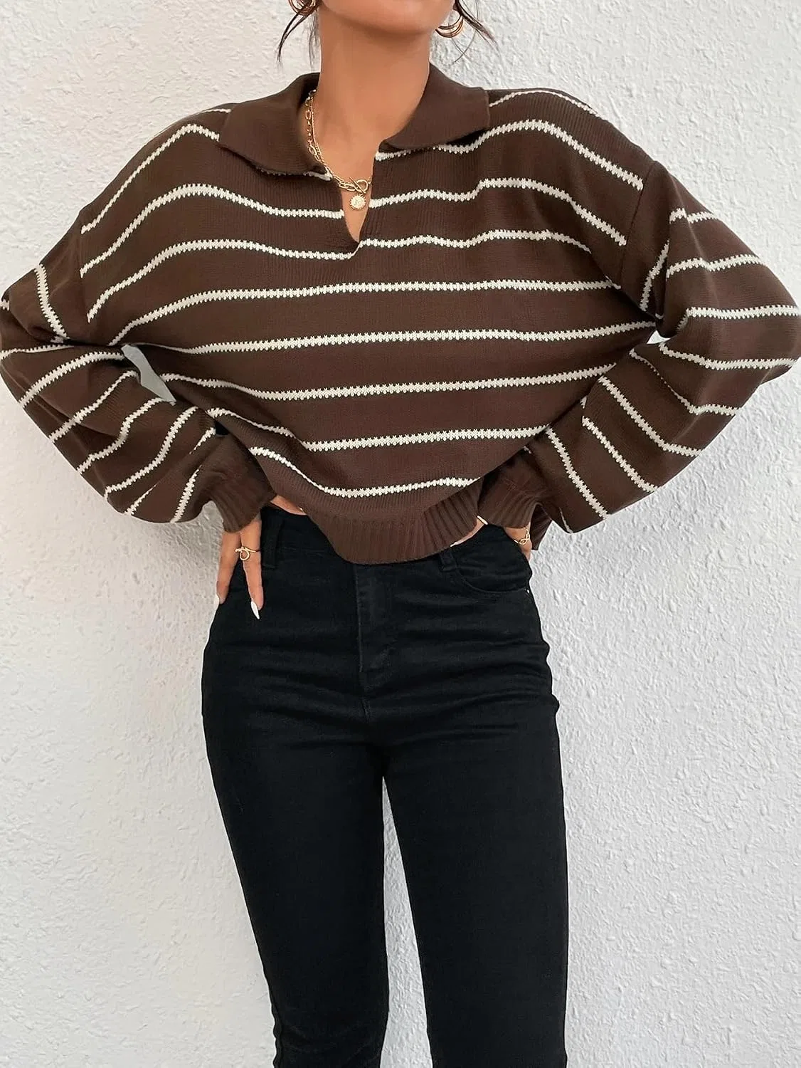 Женский свитер с принтом, Fall Winter Long Sleeve Cropped, коричневый — фото 2